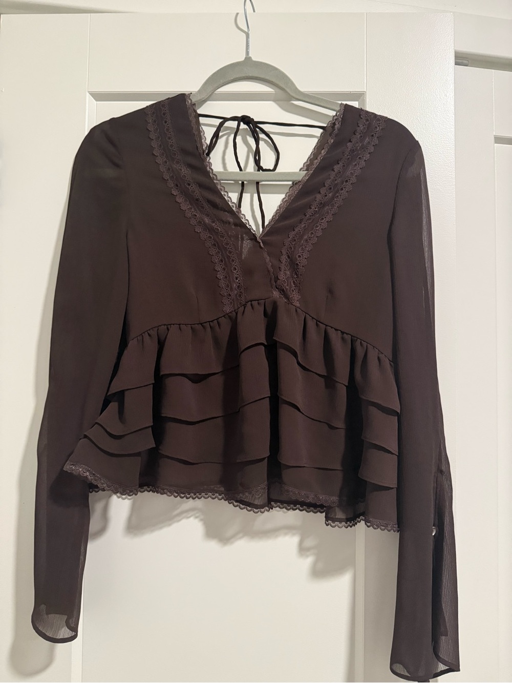 Brown Ruffled V-Neck Long-Sleeve Blouse
